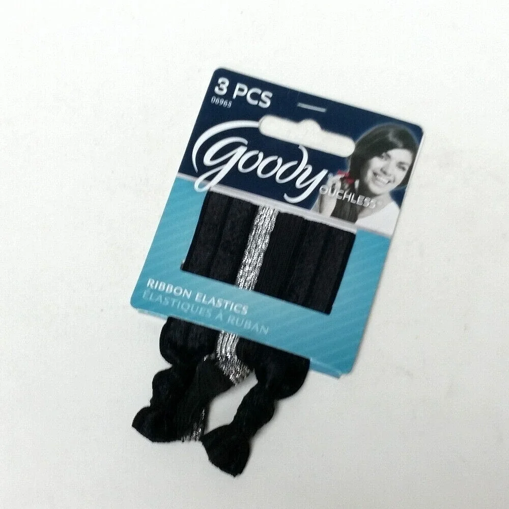 Goody Ouchless Ponytailers Ribbon Elastics Hair Ties 3 PCS Black & Silver Tie